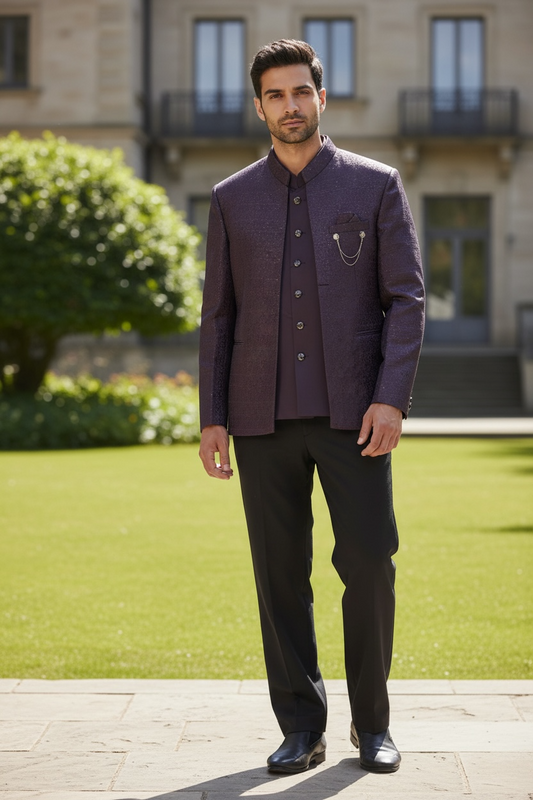 Wine - PREMIUM Slim Fit Mens BandhGala / Prince / Chinese Collar Open Jacket with inside Waistcoat- Fantastic Fit - 01JT26 CS2601