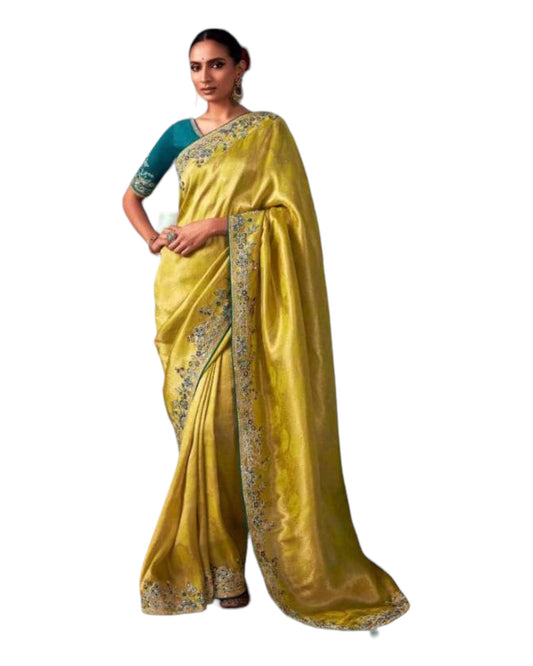 Yellow - Crepe Silky Saree with Fancy Ready made Blouse - KIM-SA217  PJ 1123