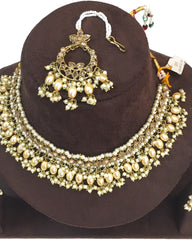 Gold / Neutral - Large Size Antique Gold Finish Necklace Set with Earrings - JE19  C 0424