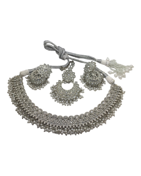 Silver  - Reverse Stone Choker Necklace set - Weddings - RZ04 KY 1023