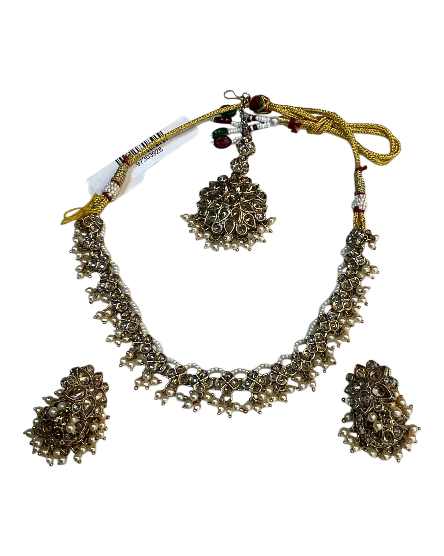 Crystal - Medium Size Antique Gold Finish Necklace Set with Earrings & Head Piece - RAK436 04A26