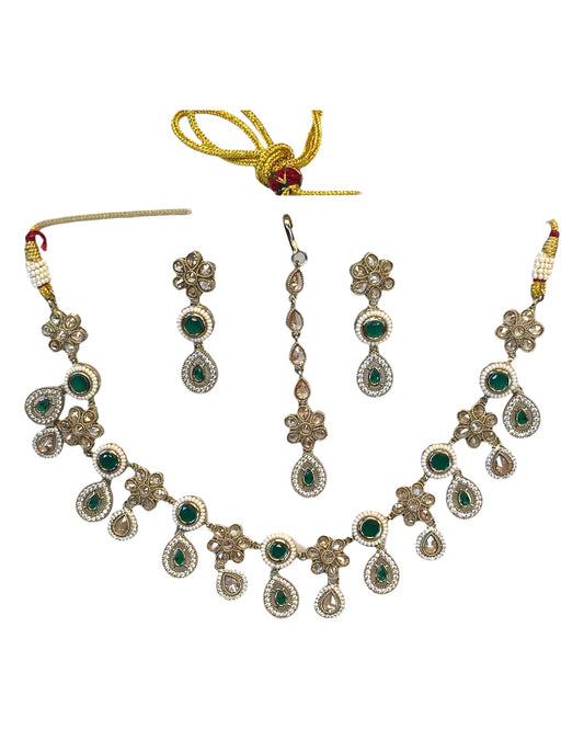 Green - Antique Gold Finish Necklace & Earrings Set - Bollywood - Weddings - KAJ1038 11KV24