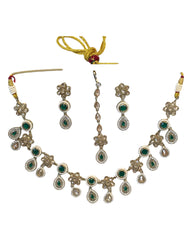 Green - Antique Gold Finish Necklace & Earrings Set - Bollywood - Weddings - KAJ1038 11KV24