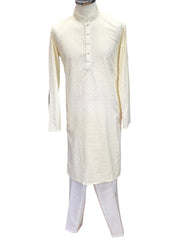 Cream - Lucknowi Sequins Mens Indian Kurta set Sangeet, Temple, Eid, Mehndi or Funeral ( with Draw stringed trousers) - YD2401 KT 0324