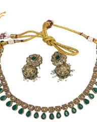 Green - Medium Size Antique Gold Finish Necklace Set with Earrings - SV2403  H 0424