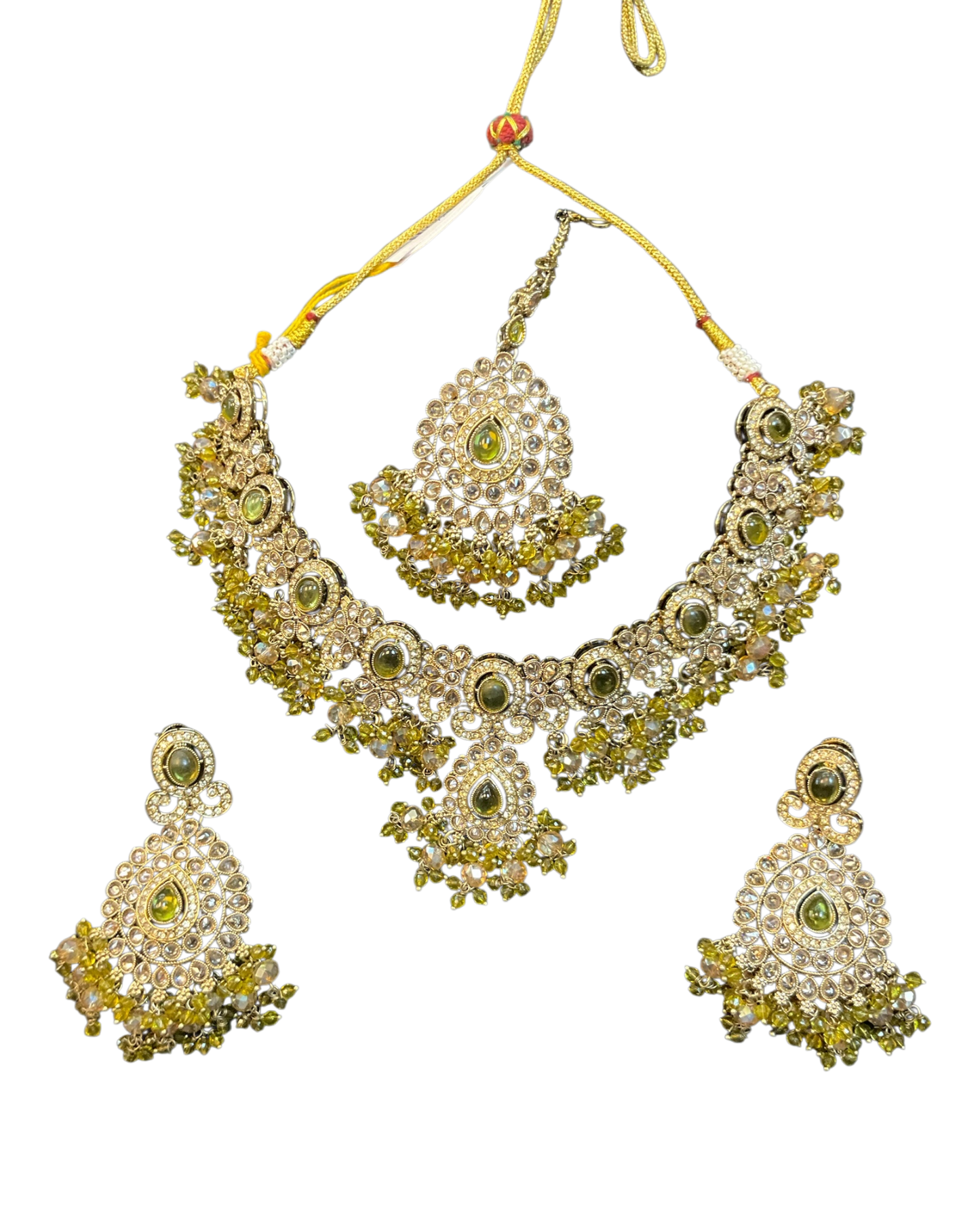 Mehndi Henna Green - Large - Antique Gold Finish Necklace Set with Earrings & Head Piece - AE2512 08KV25