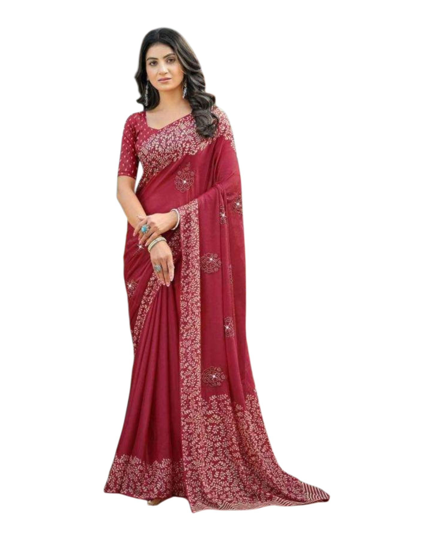 Red - Chiffon Printed Saree with Blouse Piece - UK stock - 24hr Dispatch - LTF104 07KT26