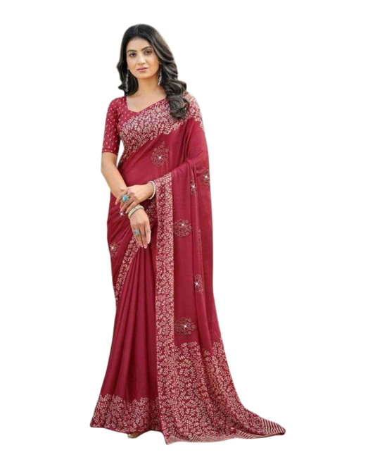 Red - Chiffon Printed Saree with Blouse Piece - UK stock - 24hr Dispatch - LTF104 07KT26