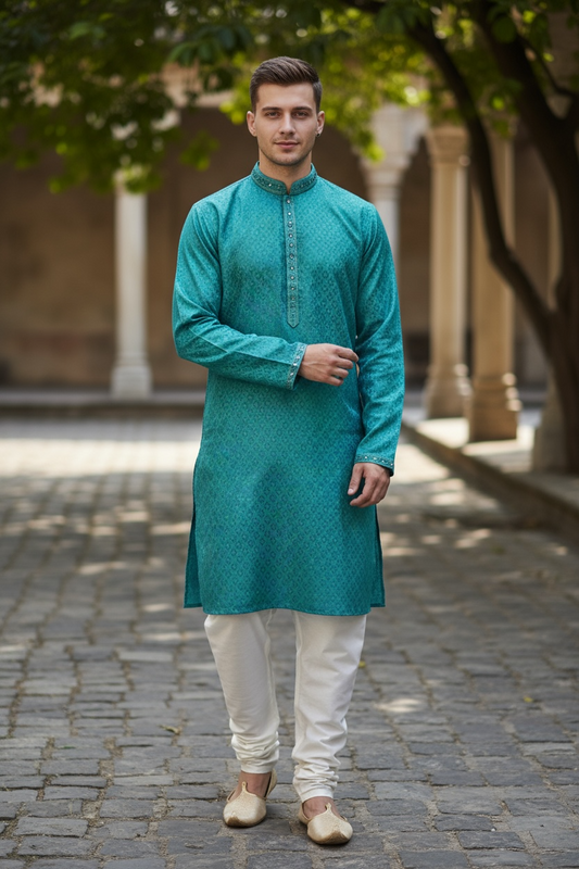 Turquoise Green  - Banarasi Handloom Brocade Mens Indian Kurta set - UK Stock - Weddings / Walimas , Sangeet, Diwali, Eid, Mehndi / Henna - VEE2433 VR