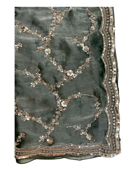 Sage Green - Rich Bridal Saree with Allover Embroidery and Blouse Piece - UK stock - 24hr Dispatch - RS2518 AJ