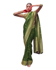 Green - Banarasi Silky Saree with Fancy Ready made Blouse - KIM-SA195  JH 1123