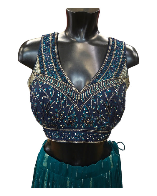 Turquoise / Navy Blue -  Banarasi Handloom Lehenga Set - UK Stock - 24h Dispatch - MK1476 KKV 1023