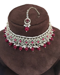 Fuchsia - Medium Size Silver Finish Choker Necklace Set with Earrings - RAK149  C 0424