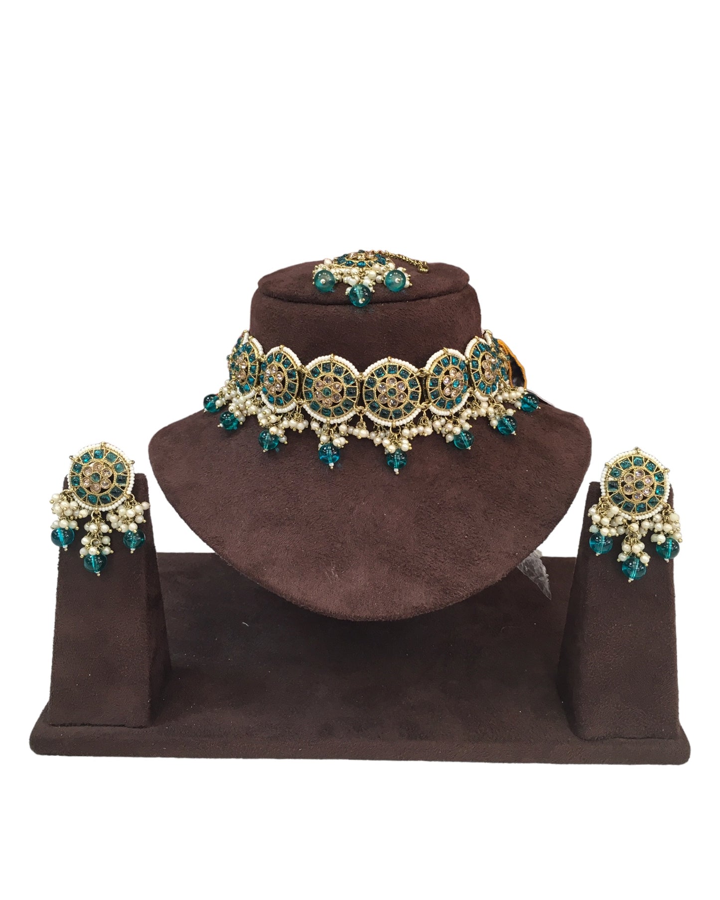 Turquoise Blue - Large Size Antique Gold Finish Necklace Set with Earrings - RAK05  VY 0424