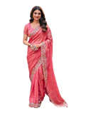 Coral Pink - Fancy Party Saree with Blouse Piece - UK stock - 24hr Dispatch - LTF4603 07VY26