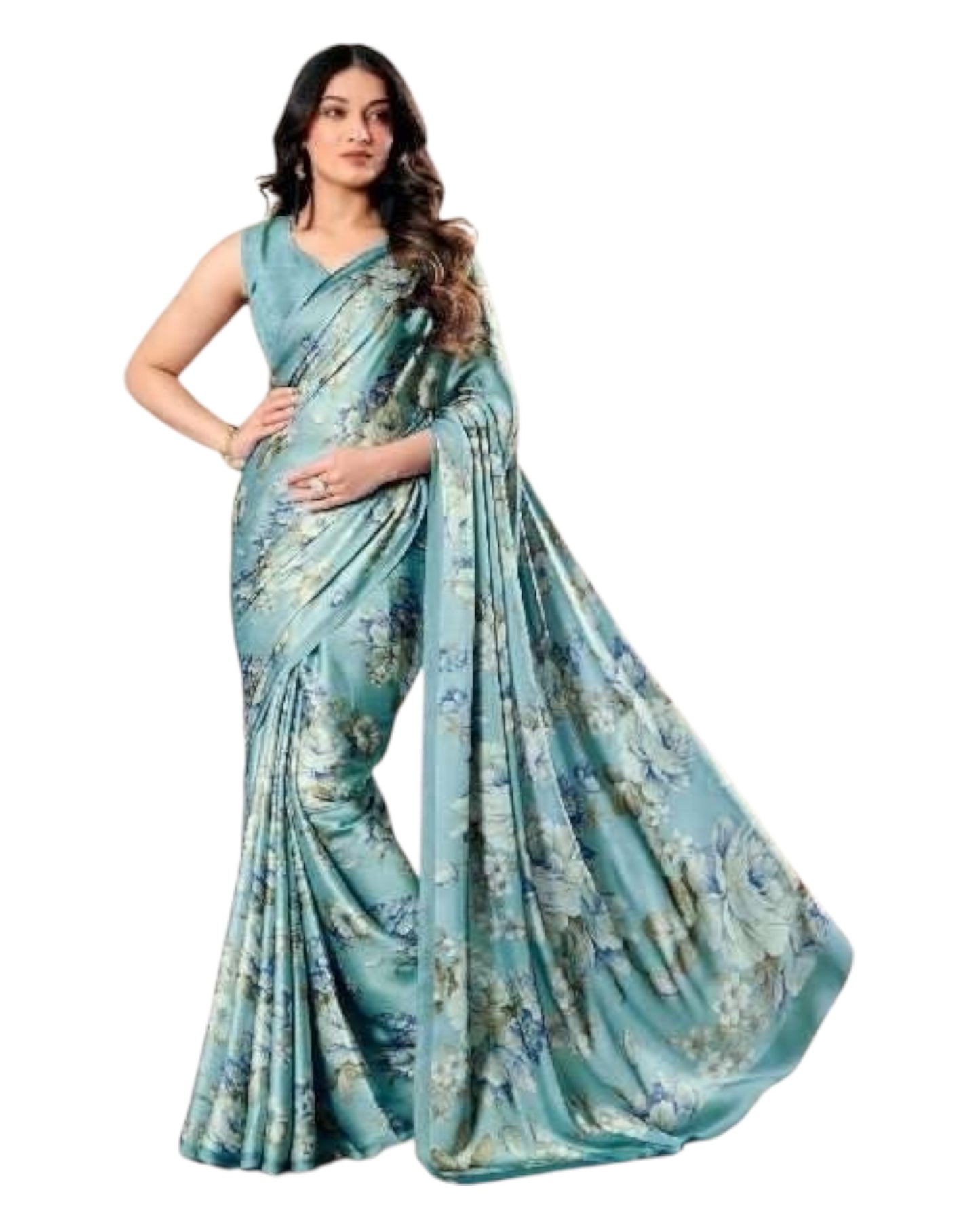Light Blue - Floral Printed - Satin Finish Saree with Blouse Piece - SUSFEL19001A 10KJ25