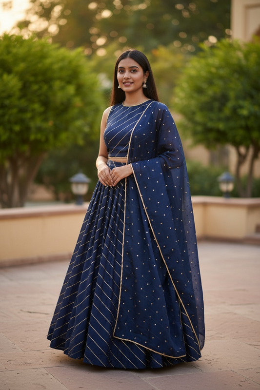 Petrol Navy Blue -  Dupion Silk Lehenga Set - Garba / Dandia , Mehndi / Sangeet / Weddings  - Size UK 12 (38" Bust) Adjustable to Size 14 - UK Stock - 24h Dispatch - AF2506 09TY25