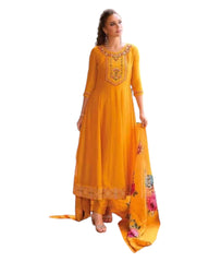 Yellow / Haldi - Simple / Classy Ladies Indian Trousers Suit with Printed Dupatta - Size 12 (38