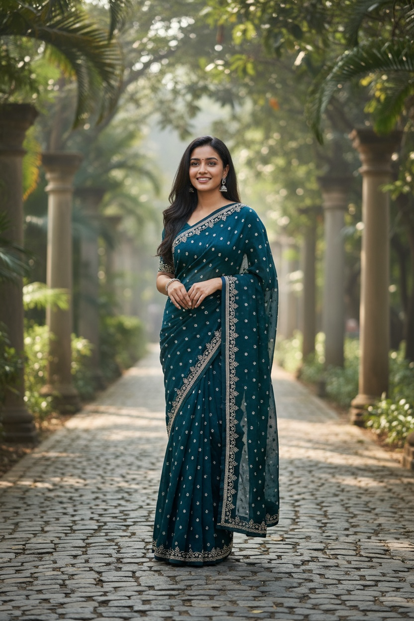 Teal - Rich Saree with Stone Work Border and Blouse Piece - UK stock - 24hr Dispatch - RS2501 TH