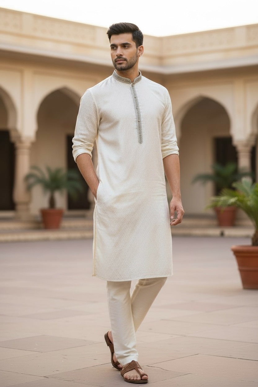 White  - Banarasi Handloom Brocade Mens Indian Kurta set - UK Stock - Weddings / Walimas , Sangeet, Diwali, Eid, Mehndi / Henna - VEE2488 VR