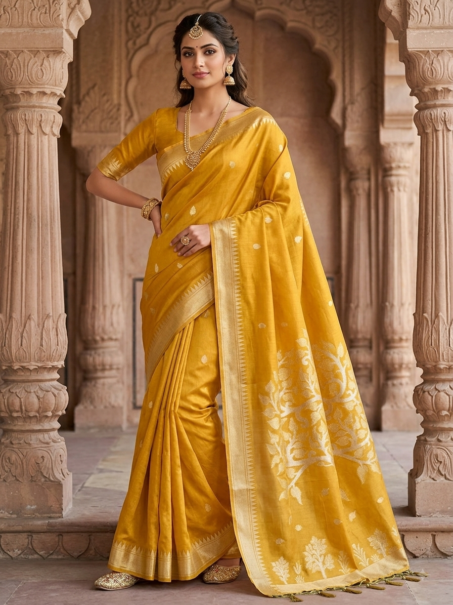 Haldi Yellow - Handloom Saree with Blouse Piece - UK stock - 24hr Dispatch - RT-BT002 07KJ26