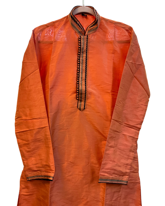 SALE! Size 36" / Small - Peach - Mens Cotton Silky Kurta with Elasticated Trousers , Full Length - SALE2605