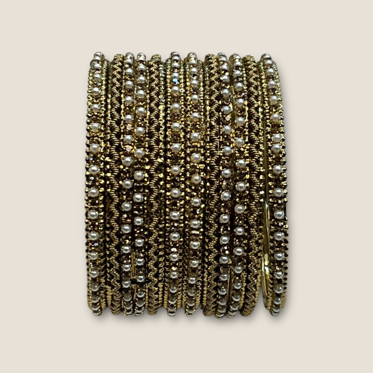 Gold Stone and Pearl - Antique Gold Finish Bangles Set (Set of 6) - UK stock - SM, M, L, XL JAN1853 09Vp25