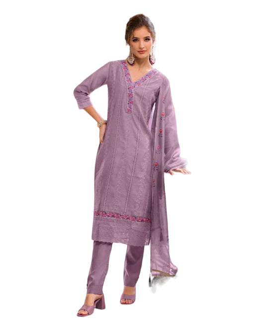 Lilac - Simple / Classy Cotton Silky Ladies Indian Salwar Suit with Printed Dupatta - LL13806 KA 1123