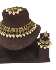 Gold / Nuetral - Large Size Antique Gold Finish Necklace Set with Earrings - VJY403  C 0424