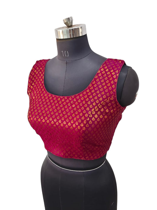 Maroon - Handloom Brocade Saree / Lehenga blouse - With Spare Sleeves - Size 12 (to 16) - UK Stock - AF2404 R 0623