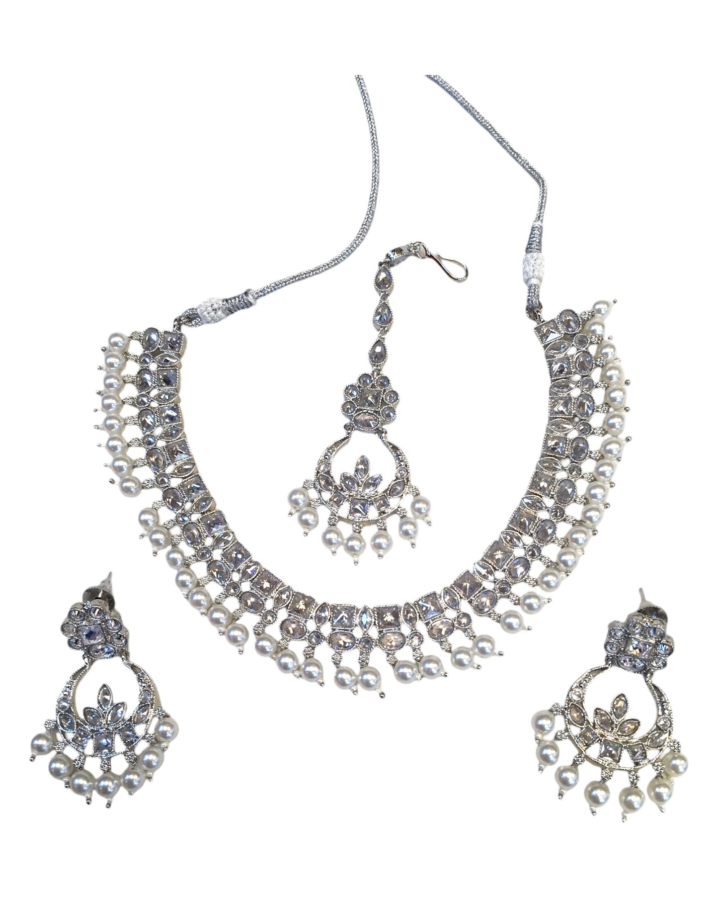 Clear - Silver Finish Necklace & Earrings Set - Bollywood - Weddings - KAJ1039 11KK24
