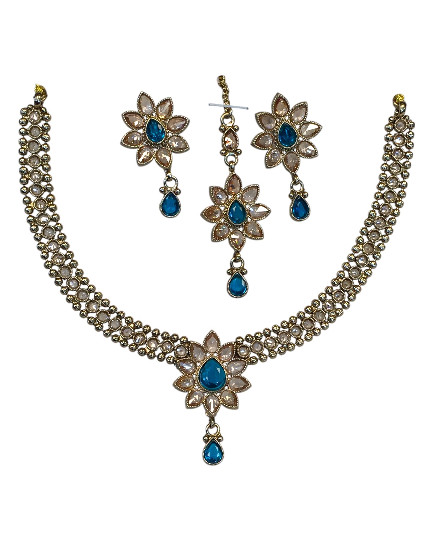 Turquoise - Medium Size Antique Gold Finish Necklace Set with Earrings & Head Piece /Tika- SLV80  11H24