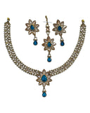Turquoise - Medium Size Antique Gold Finish Necklace Set with Earrings & Head Piece /Tika- SLV80  11H24