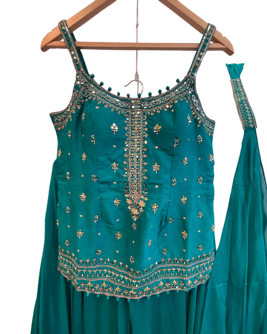 Size 14 (40") - Turquoise - Designer Ladies Medium Length Sleeveless Top Palazzo Trousers Suit - VMK Pahal JR