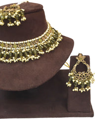 Henna Green - Large Size Antique Gold Finish Necklace Set with Earrings - JE19  C 0424