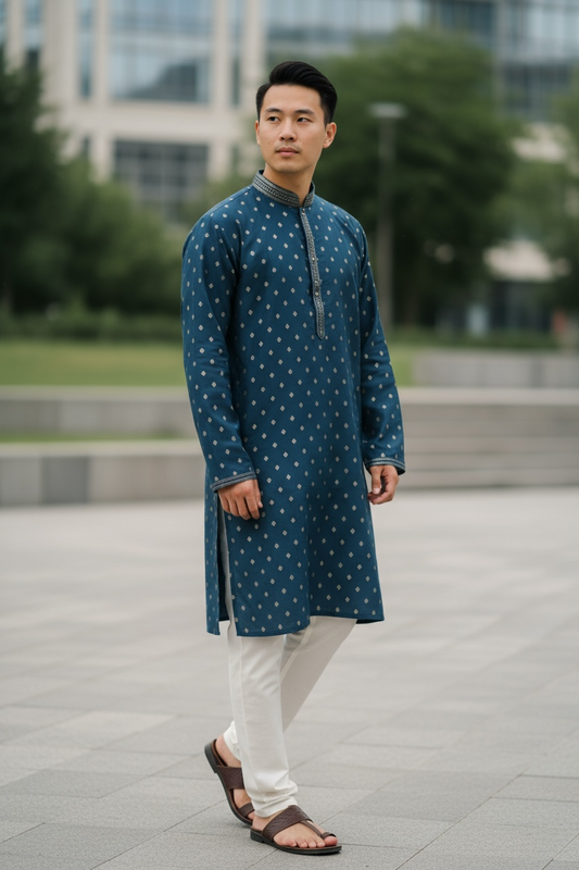 Petrol Blue - Banarasi Handloom Mens Indian Kurta set - UK Stock - Weddings / Walimas , Sangeet, Diwali, Eid, Mehndi / Henna - VEE2464 VR