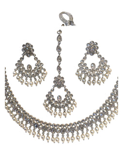 Clear - Silver Finish Necklace & Earrings Set - Bollywood - Weddings - KAJ1040 11KK24