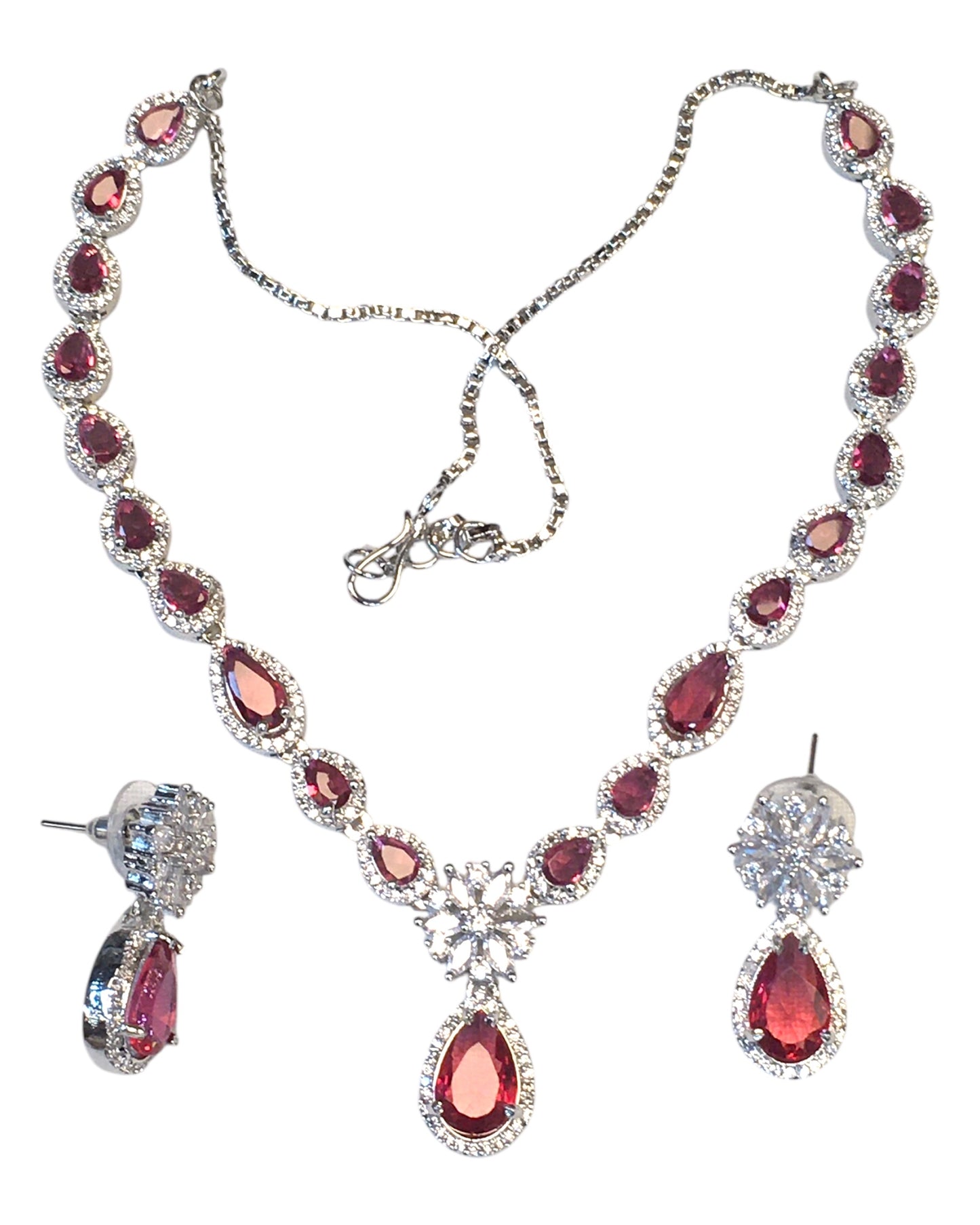 Magenta - American Diamond Style Silver Finish Small Size Necklace Set with Earrings - AE2422 11H24
