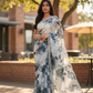 Teal Floral - Classic Satin Crepe Saree with Stone Work and Blouse Piece - UK stock - 24hr Dispatch - RS2536 VR