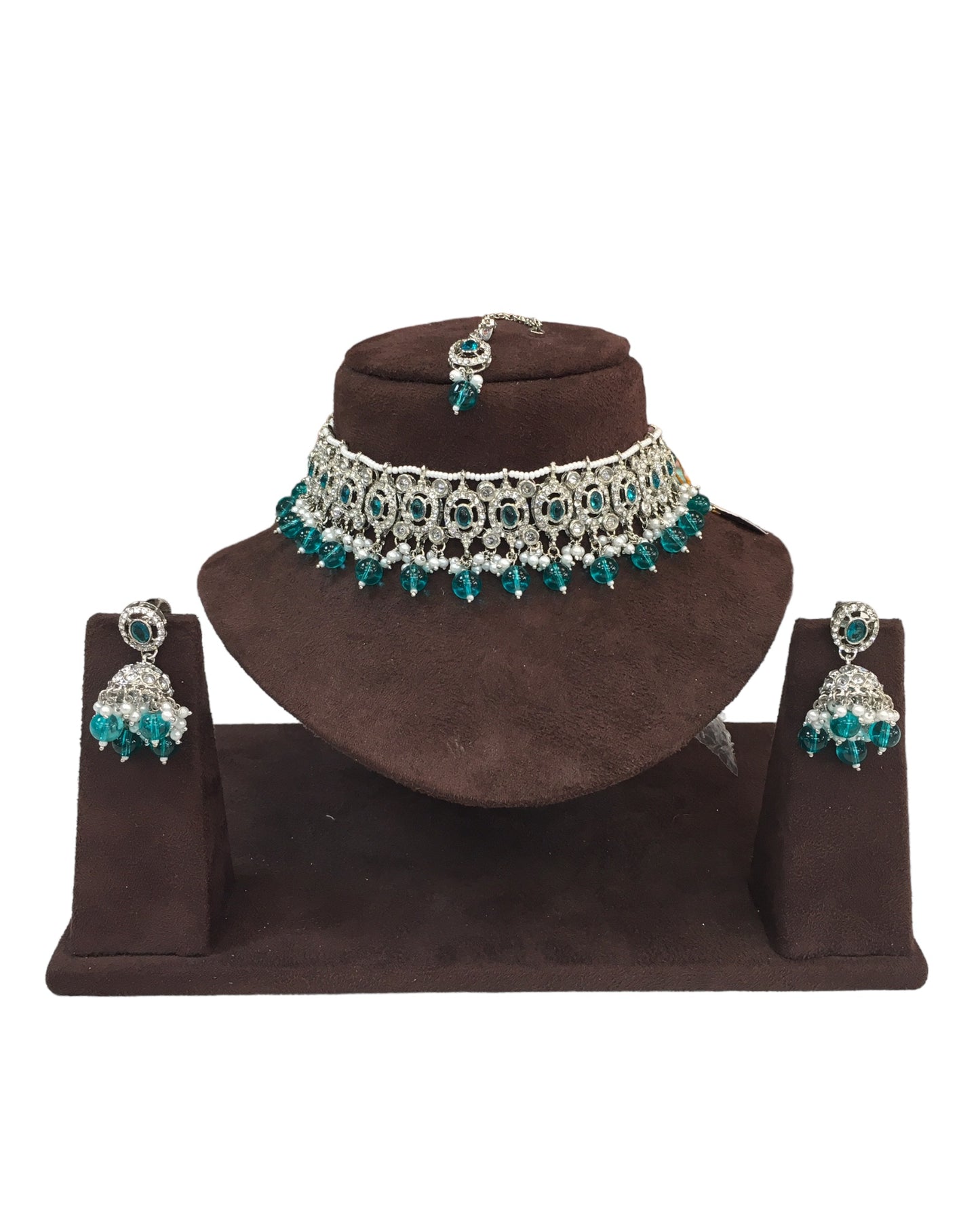 Turquoise - Medium Size Silver Finish Choker Necklace Set with Earrings - RAK149  C 0424