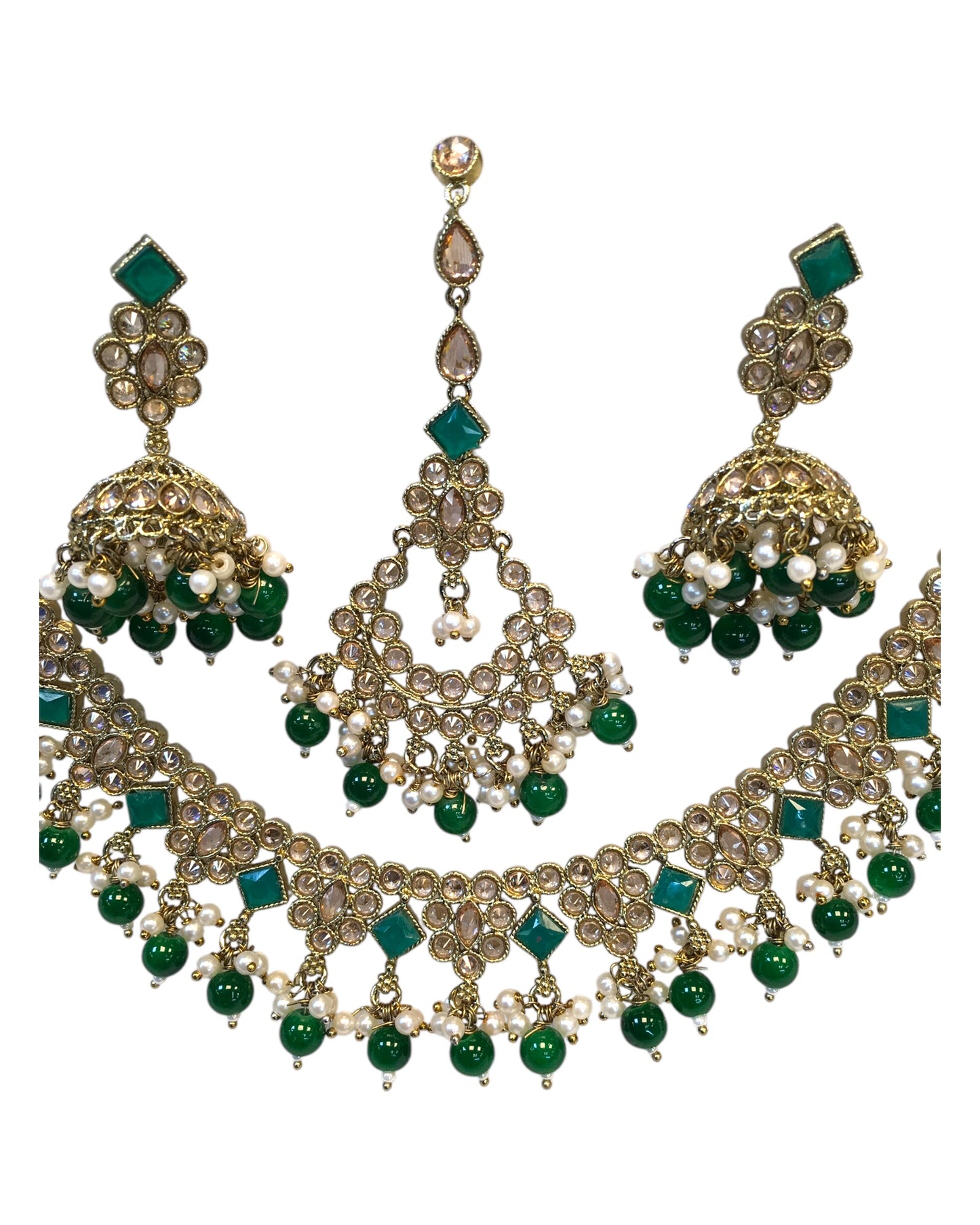 Green - Antique Gold Finish Necklace & Earrings Set - Bollywood - Weddings - KAJ1035 11KK24