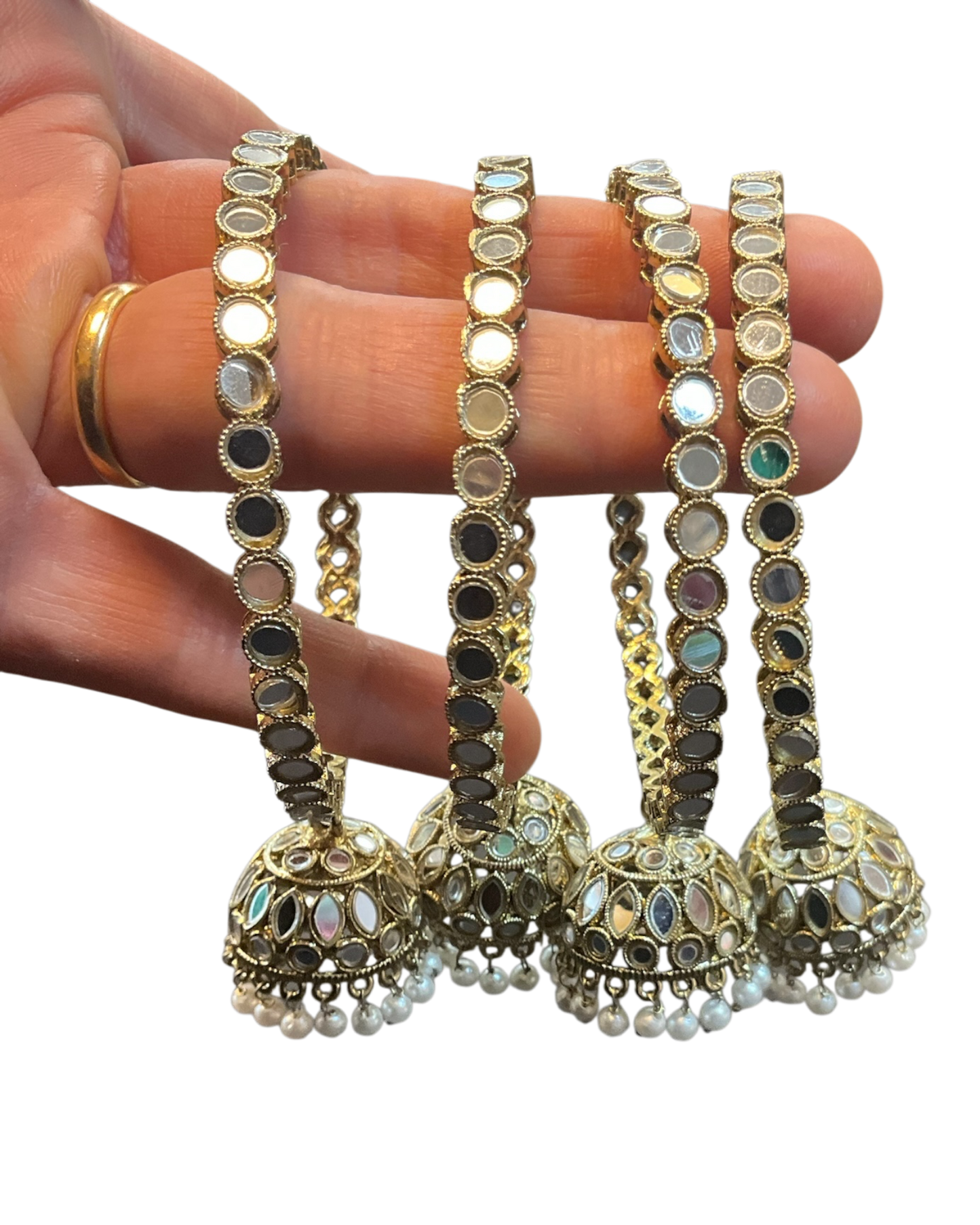 Mirror Work Zhumki Dangle - Antique Gold Finish Bangles Set (Set of 4) - UK stock - SM, M, L, XL AE2602 06P26