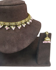 Pink - Small Size Antique Gold Finish Necklace Set with Earrings - VJY402  A 0424