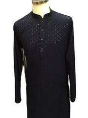 Navy Blue - Lucknowi Sequins Mens Indian Kurta set Sangeet, Temple, Eid, Mehndi or Funeral ( with Draw stringed trousers) - YD2404 KT 0324