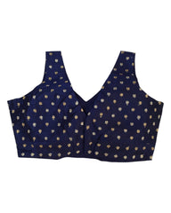 Navy Blue - Gold / Silver Embroidery Silky Saree blouse with cups,  Sleeveless - 38