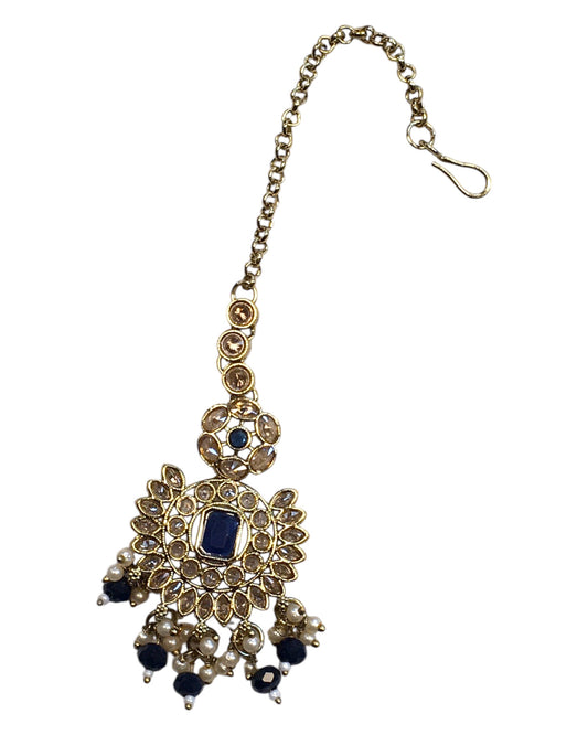Navy Blue - Large - Antique Gold Finish Traditional Tika Head piece - Bollywood - Weddings - PRI1773  11V24