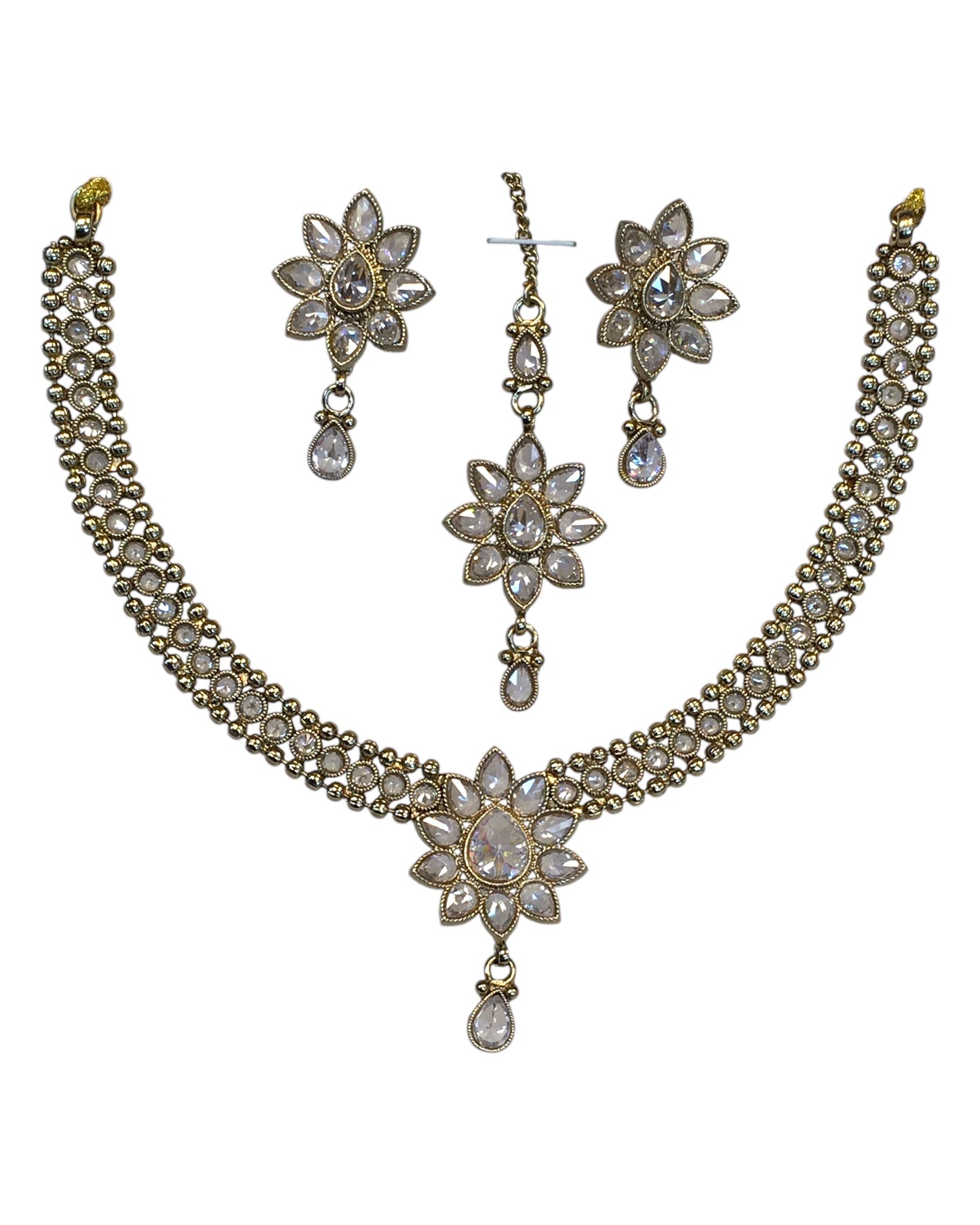 Clear - Medium Size Antique Gold Finish Necklace Set with Earrings & Head Piece /Tika- SLV80  11H24