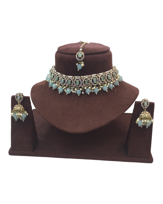 Sky Blue - Medium Reverse Stone Choker Necklace set - Bollywood - Weddings - MNA935 C 0923