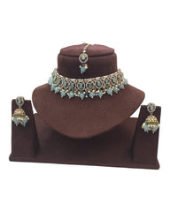 Sky Blue - Medium Reverse Stone Choker Necklace set - Bollywood - Weddings - MNA935 C 0923