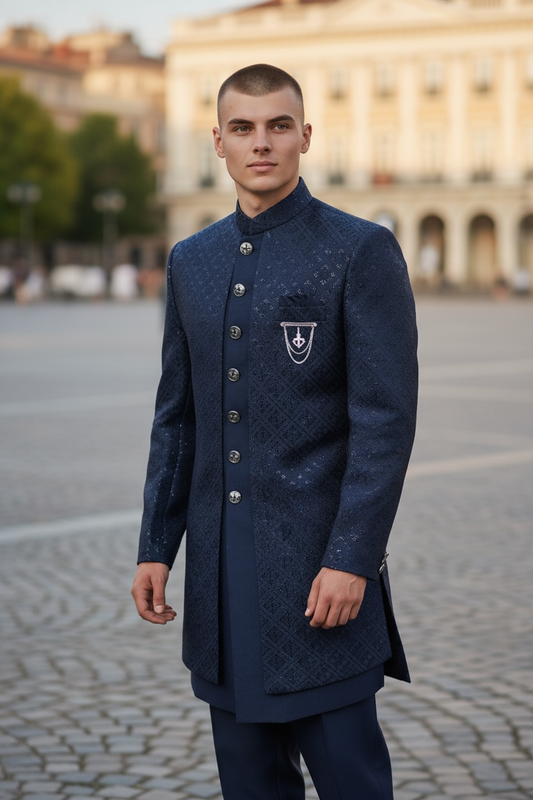 Navy Blue - Stunning Double Layered Mens Sherwani - SHU2508 JC 0325